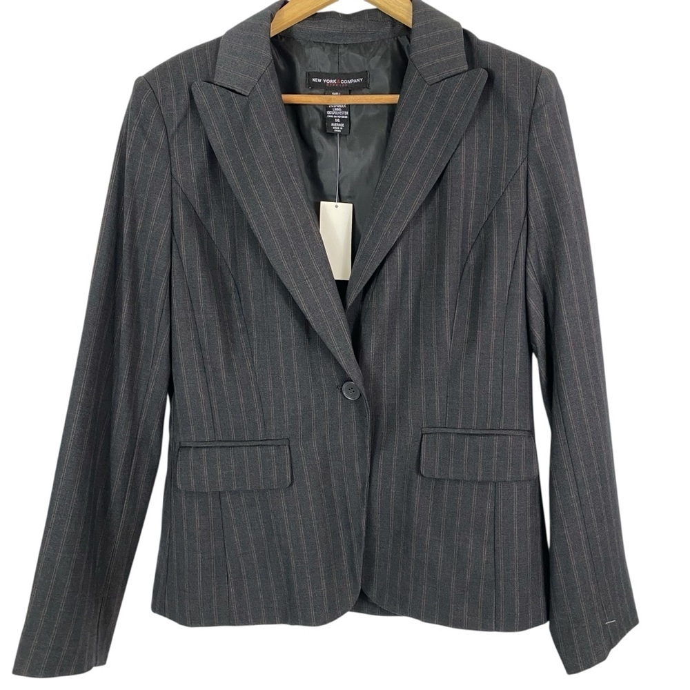 New York & Company Womens Blazer 14 Bluish-Gray One-Button Striped Career Office